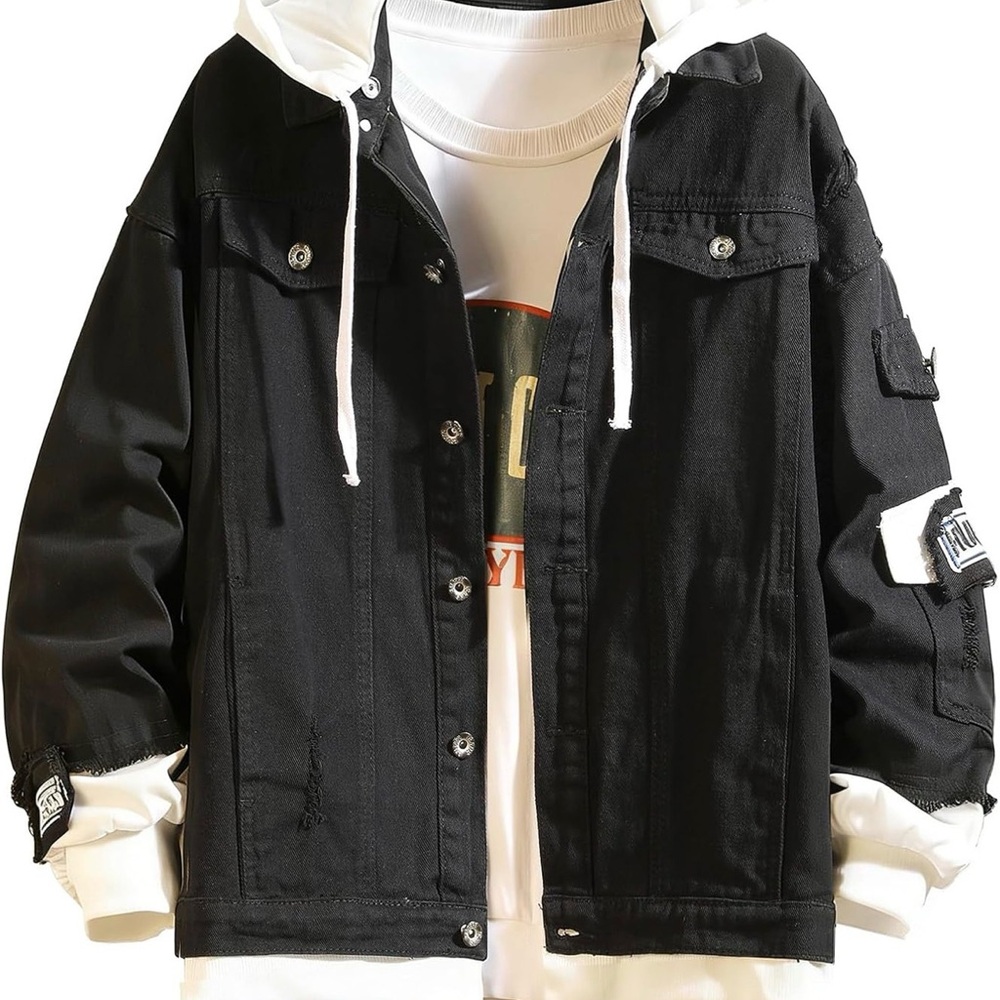 158 Men's Black Hooded Denim Jacket with White Hood